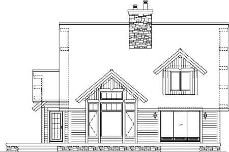 House plan exterior: Two-story home with stone chimney, gabled dormer, prominent entrance gable with transom windows, and double doors.