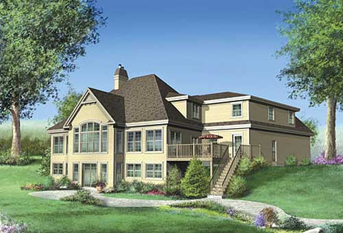 House plan exterior: two-story home with large arched window section, deck, and multi-level rooflines.