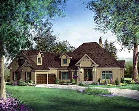 House plan exterior: A 1.5-story home featuring a two-car garage, dormers, gables, and a covered entry.