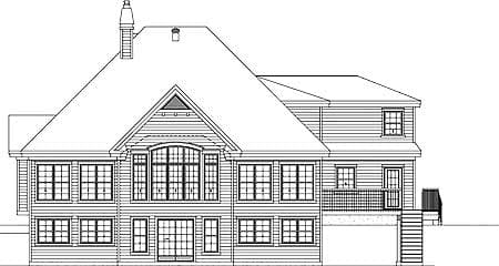 House plan rear elevation: two stories with large windows, a deck with railing, and a prominent gable with a dormer.