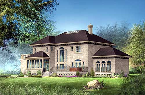 House plan exterior rendering of a multi-story brick home with a sunroom, arched windows, and a hipped roof with dormers.