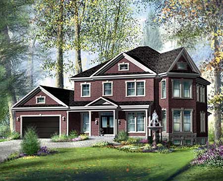House plan exterior of a two-story brick home with a side-entry garage, prominent gables, and a covered front entrance.