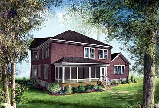 Two-story brick house plan with screened porch, multi-pane windows, and intersecting rooflines.