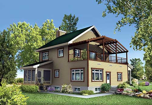 House plan exterior, two stories, with a screened porch, gabled dormers, and an upper-level open pergola deck.