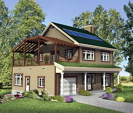 Two-story house plan exterior with a green roof, solar panels, covered porch, and attached garage.