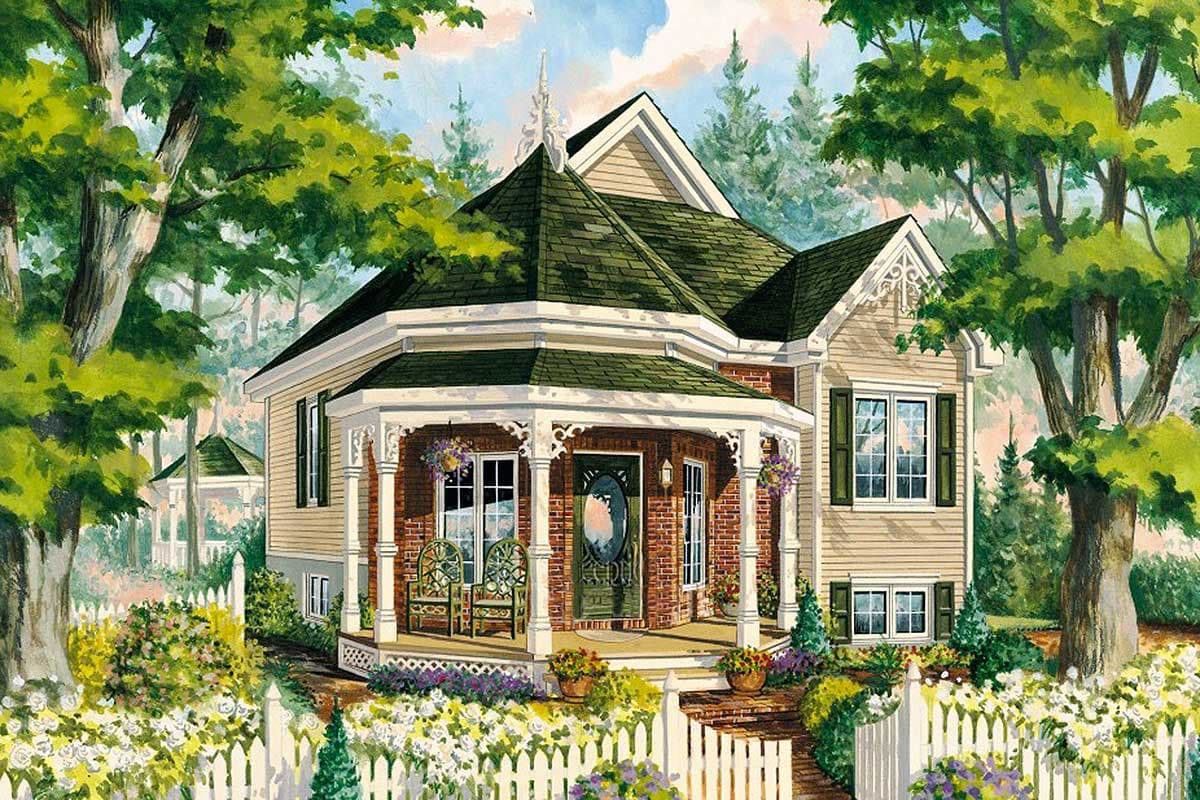 House plan exterior: Victorian style, two stories, wrap-around porch with decorative trim, multi-gabled roof.