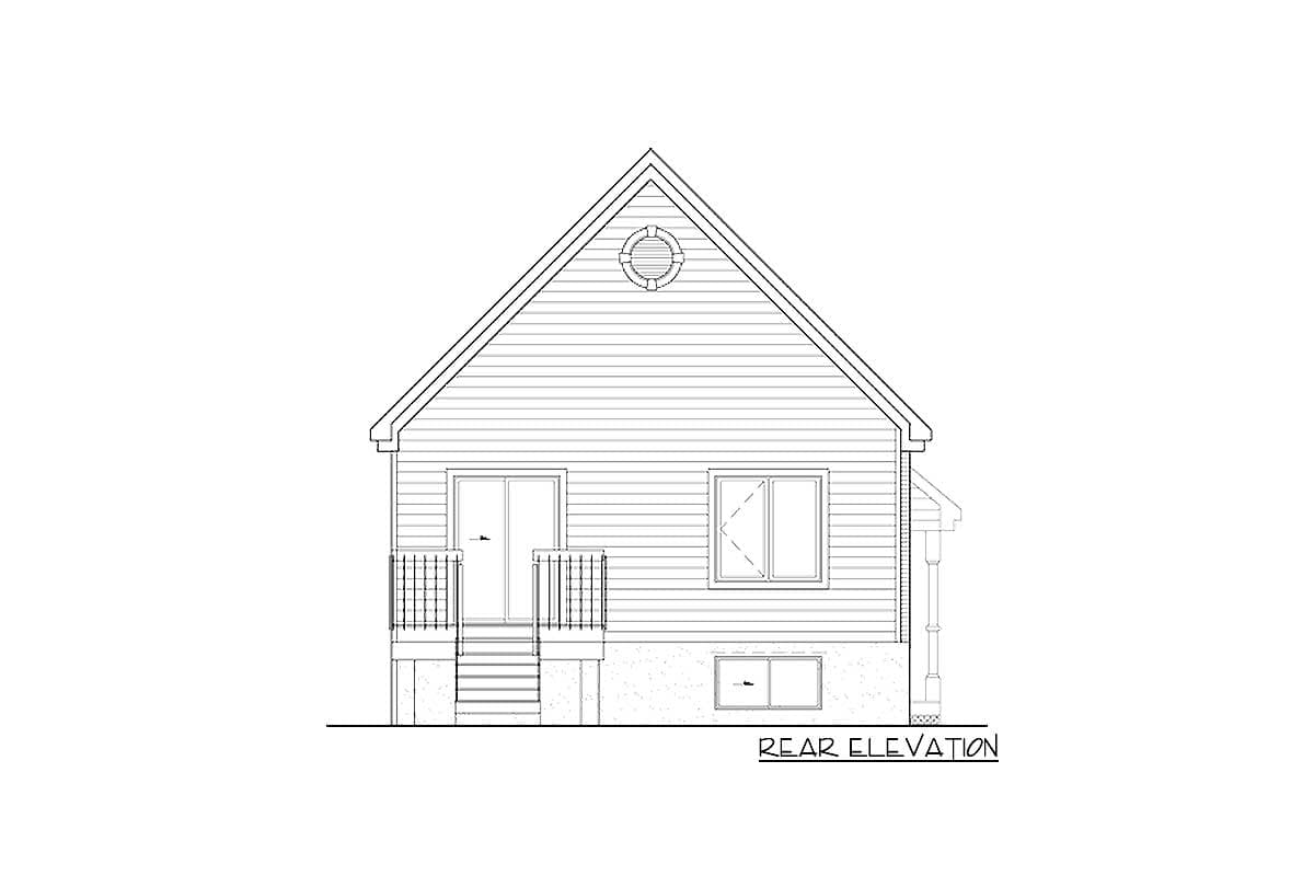 Rear elevation drawing of a house plan featuring a gable roof, double door, two windows, and a small porch with stairs.