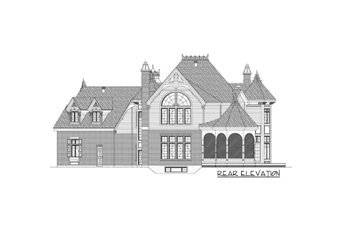 Rear elevation house plan showing multiple gables, arched window, dormers, and arched porch.