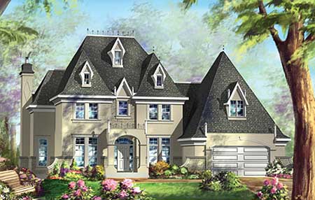 House plan exterior featuring a steeply pitched mansard roof, multiple gables, arched entry, and a side-entry garage.