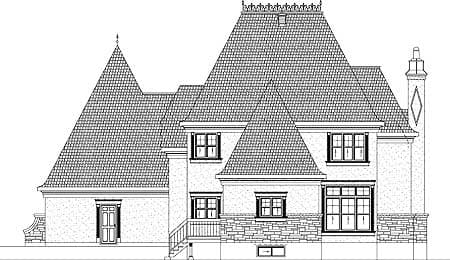 House plan exterior drawing showing a steeply pitched mansard roof, dormers, and stone accents.