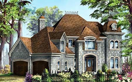 House plan exterior of a stone-clad, multi-story home with a mansard roof, arched entryway, dormers, and a three-car garage.