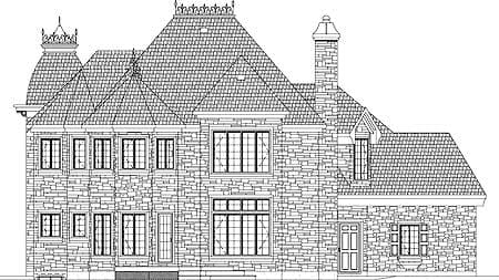 House plan rear elevation drawing showing a multi-story stone structure with a prominent mansard roof, turrets, and numerous windows.