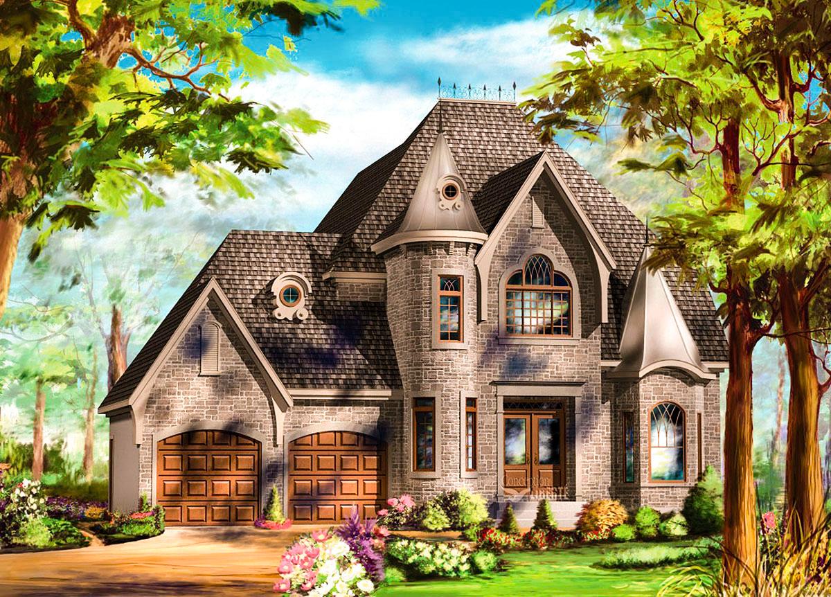 House plan exterior featuring stone facade, steeply pitched roof, two garages, and turret.