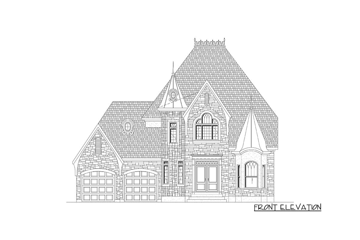 Front elevation of a house plan featuring a multi-story design with a pitched roof, arched windows, and a three-car garage.