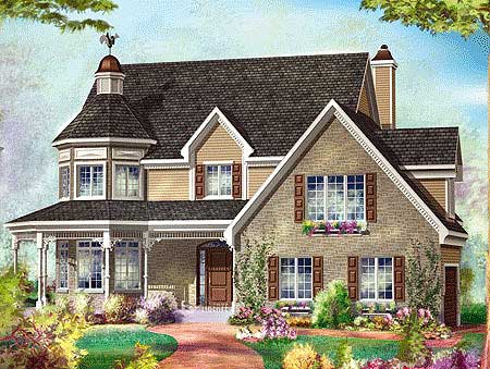 House plan exterior: Two-story home with brick facade, prominent gabled dormers, a turret with a weather vane, and a wraparound porch.