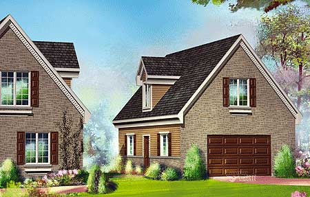 House plan exterior shows a two-story home with brick facade, gable roof, dormer, and attached garage.
