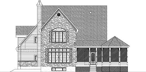 House plan exterior drawing featuring a stone facade, arched window, screened porch, and prominent chimney.