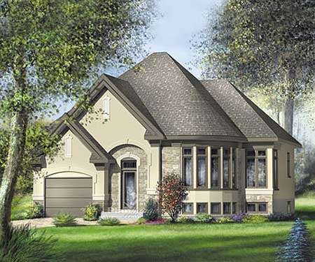 House plan exterior features a prominent bay window, stone accents, and a covered entryway with an arched opening.