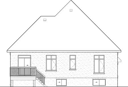 House plan rear elevation drawing showing a large gable roof, a deck with stairs, and multiple windows.