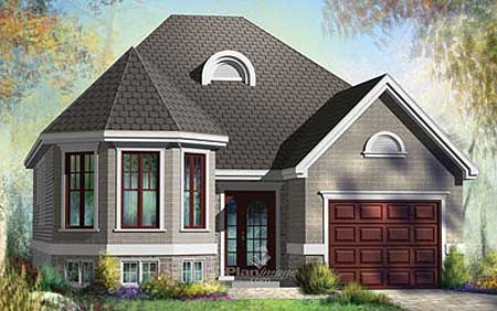 House plan exterior: Two-story home with a bay window, arched dormer, and attached garage.