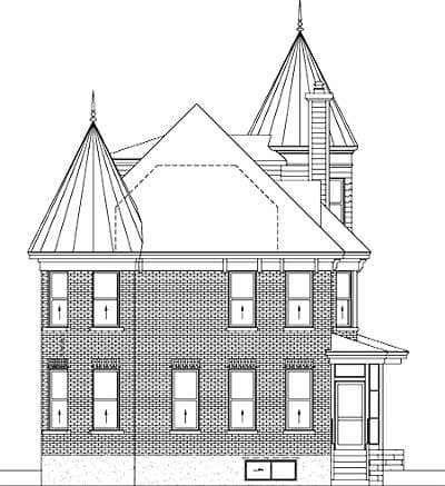 House plan exterior elevation with conical turrets, multiple gables, brick facade, and a front porch with a peaked roof.