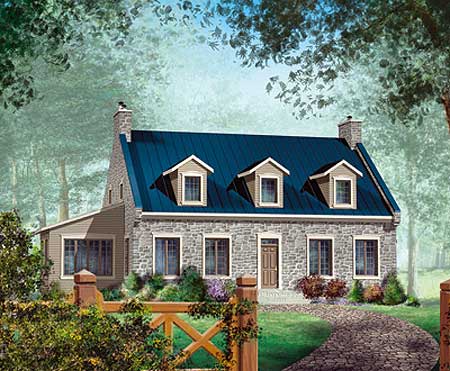 House plan exterior of a two-story stone home with a blue metal roof, three dormers, and a side addition.