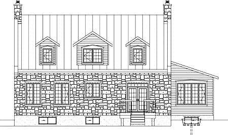 Front elevation drawing of a two-story house plan with stone and clapboard siding, dormer windows, and a metal roof.