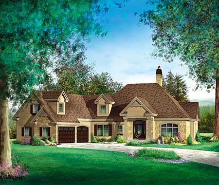 House plan exterior: This two-story home features a stone facade, multiple gables, dormers, and a side-entry garage.