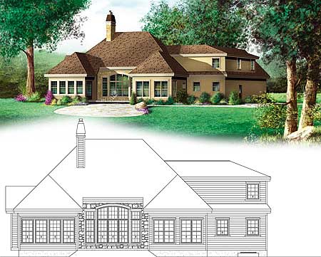House plan exterior: two-story home with multiple gables, a prominent chimney, and large window groupings.