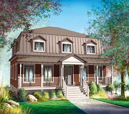 House plan exterior: Two-story brick home with mansard roof, dormers, and a wraparound porch with white railings.