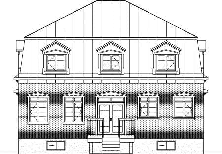 House plan exterior elevation drawing with mansard roof, dormer windows, brick facade, and central double doors.