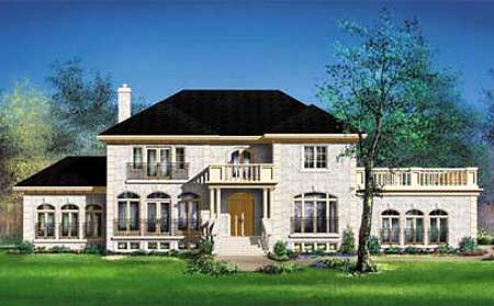 House plan exterior: two-story home with arched windows, balconies, and a prominent central entrance with a covered portico.