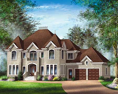 House plan exterior: Two-story residence with a hip roof, multiple gables, arched windows, and a side-facing two-car garage.