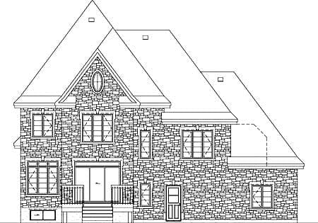 House plan exterior drawing showing stone facade, multiple gables, numerous windows, and a central oval dormer.