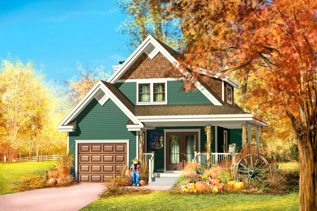 House plan exterior: Green, two-story home with gables, wood shingle accents, covered porch, and attached garage.