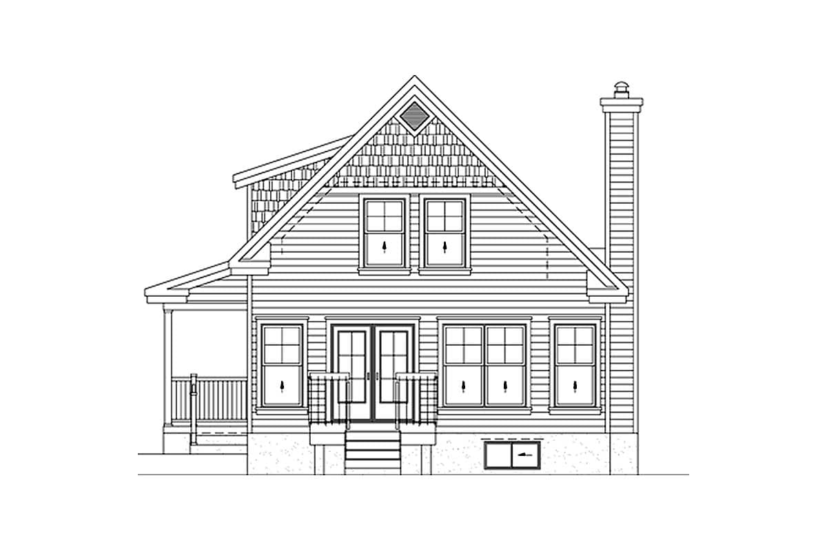 House plan exterior: Two-story design with a prominent gable, diamond vent, dormer windows, side porch, and tall chimney.