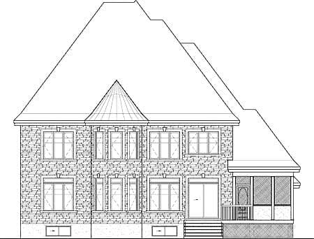 House plan exterior drawing showing a two-story home with a hipped roof, dormers, multiple windows, and a screened porch.