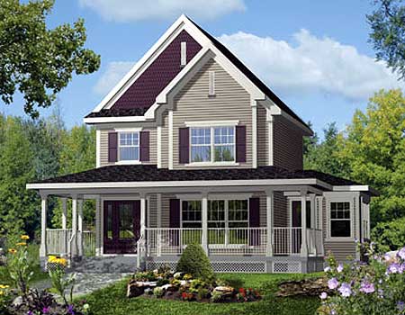 House plan exterior: Two-story home with wraparound porch, prominent gables, and dormer.