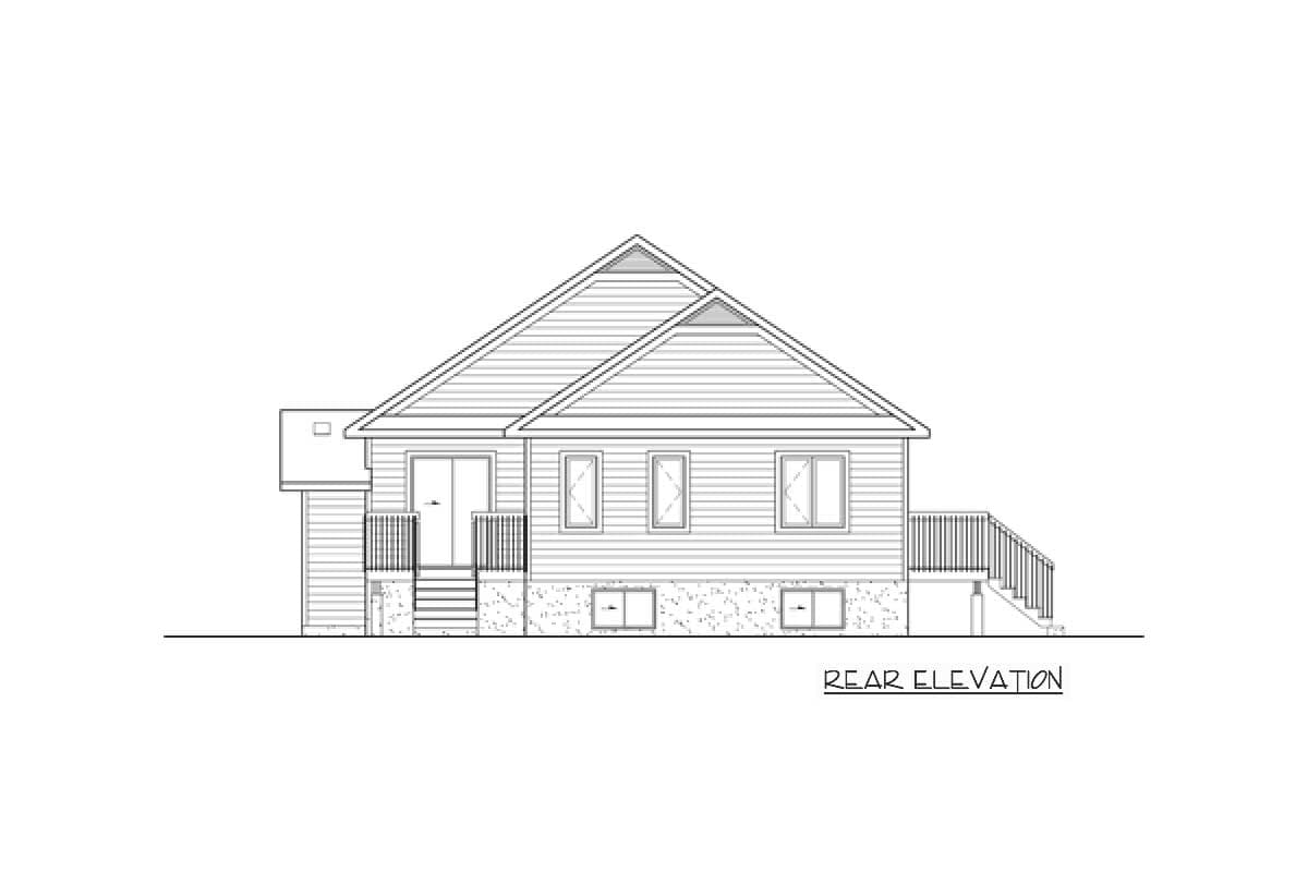Rear elevation drawing of a single-story house with a gable roof, two doors, and multiple windows.