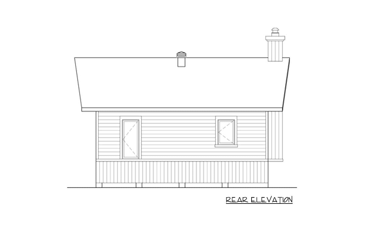 Rear elevation drawing of a house plan with horizontal siding, a sloped roof, a chimney, one door, and one window.
