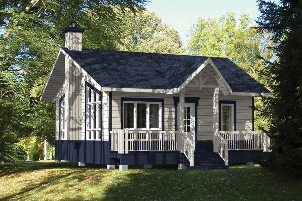 House plan exterior, one story, features a covered front porch, prominent gable with decorative brackets, and a chimney.