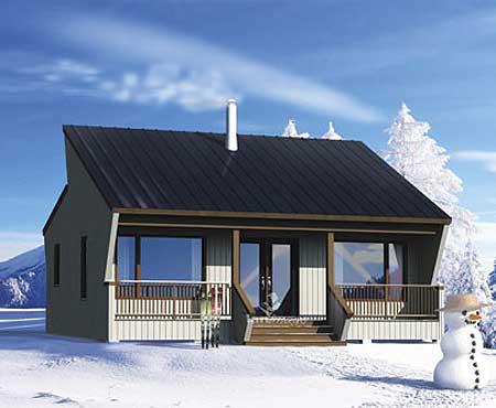House plan exterior of a one-story modern cabin with a dark metal roof, wide front windows, and a covered porch.