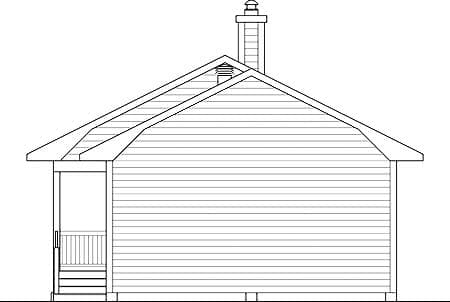House plan exterior drawing shows a one-story house with a front porch, gable roof, and chimney.