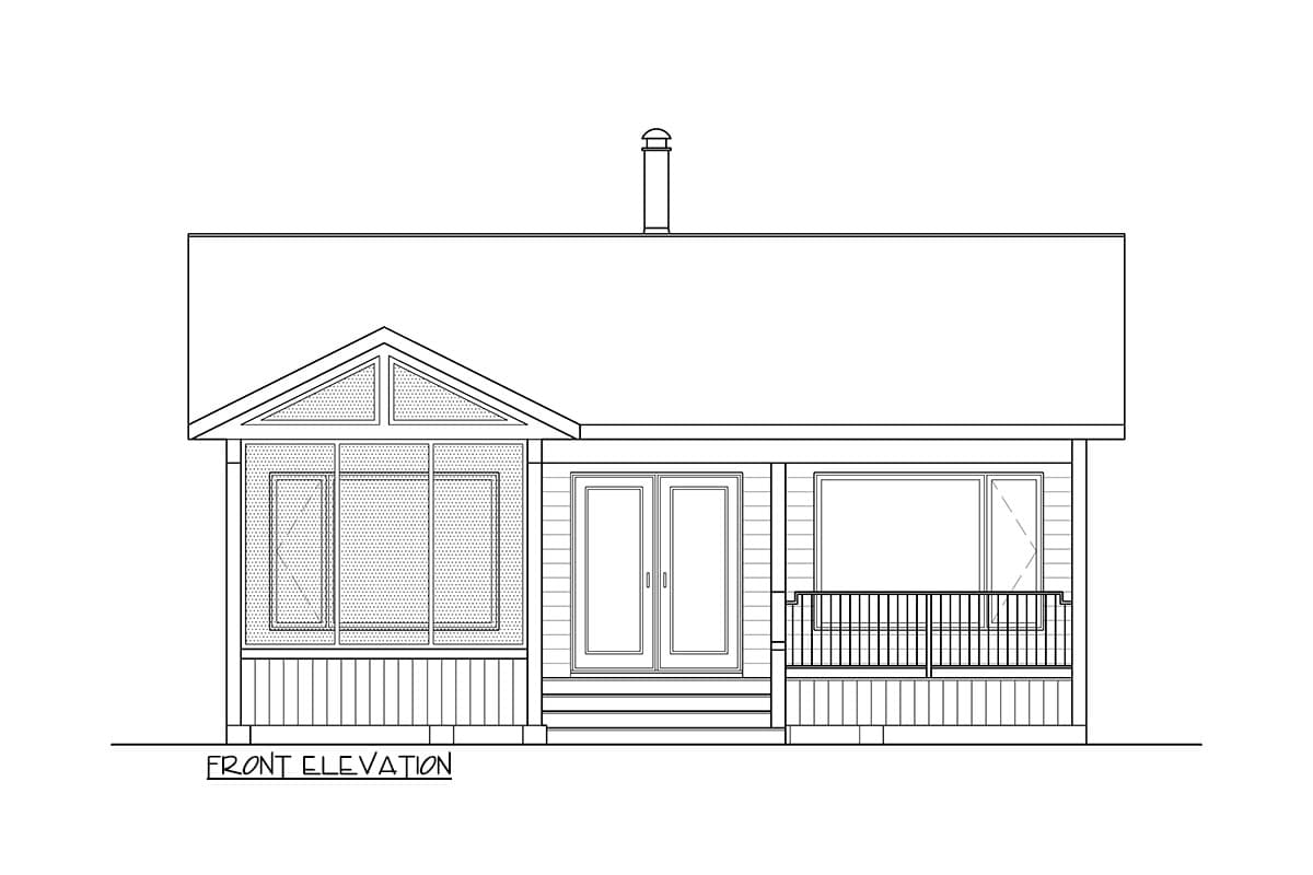 Front elevation drawing of a single-story house plan featuring a gable roof, porch, and central double doors.