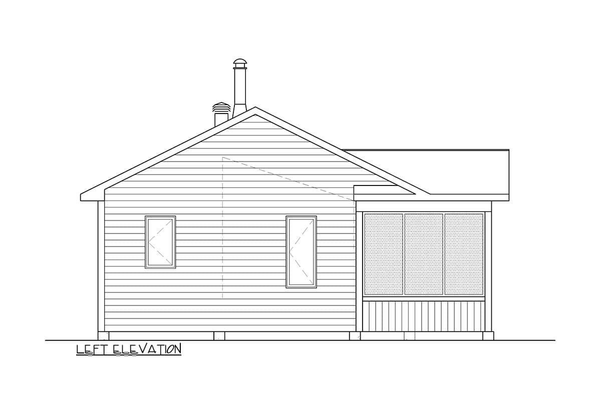 Left elevation drawing of a one-story house plan with siding, two windows, a chimney, and a screened porch.