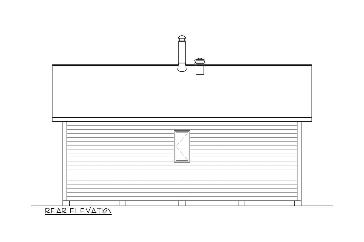 Rear elevation drawing of a house plan with horizontal siding, a single window, a hip roof, and a chimney.
