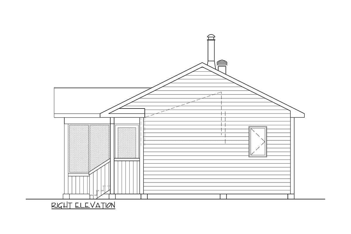 Right elevation house plan showing a single-story home with a screened porch, pitched roof, and chimney.
