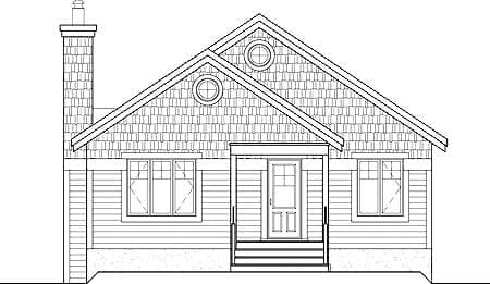 Front elevation drawing of a house plan showing a central entrance, two windows, a gabled roof with dormers, and a tall chimney.