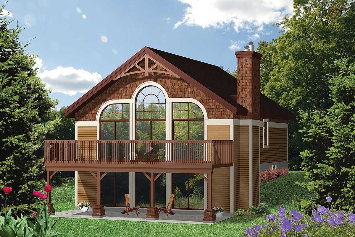 Craftsman style house plan exterior with main level deck, large arched windows, cedar shingles, and peaked gable.