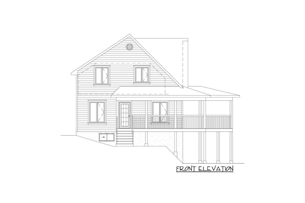 Front elevation drawing of a two-story house with a covered porch, gabled roof, and multiple windows.